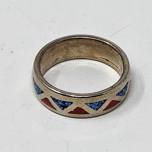 Vintage Sterling Silver Genuine Turquoise & Coral Navajo Native American Ring - Picture 2 of 4